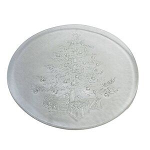Clear Glass Embossed Christmas Tree Round Holiday Serving Platter 13 Inch Plate